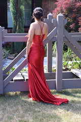 Red Satin Straps Ruched Fitted Long Formal Dress