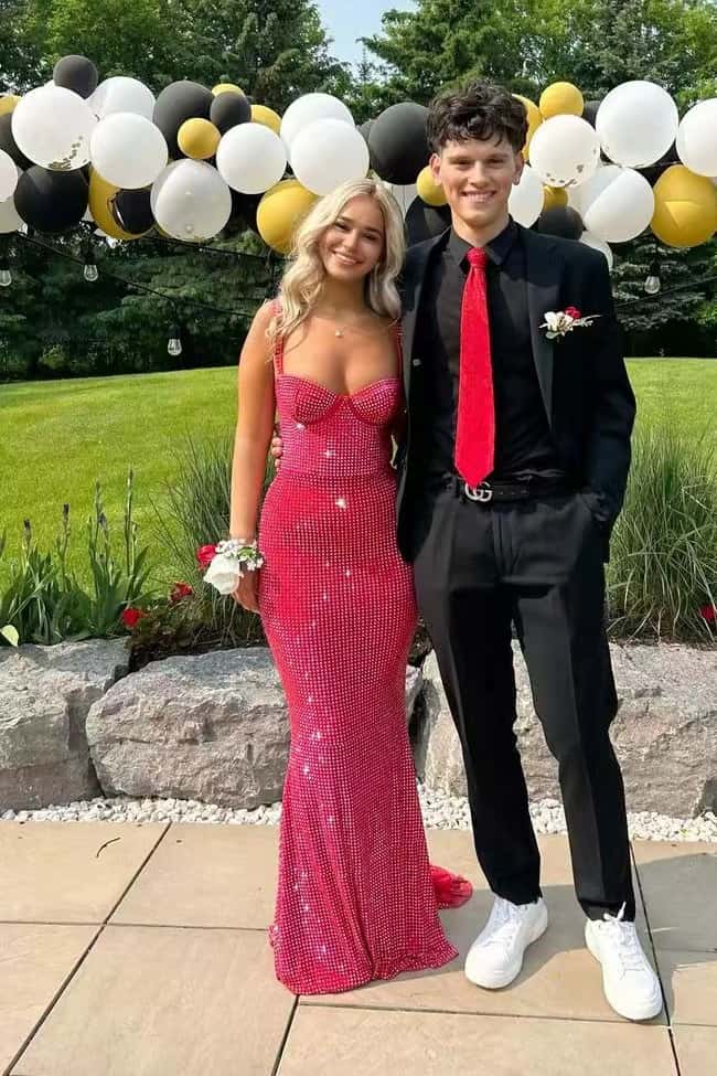 Beaded Red Corset Fitted Long Prom Dress