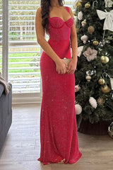 Beaded Red Corset Fitted Long Prom Dress