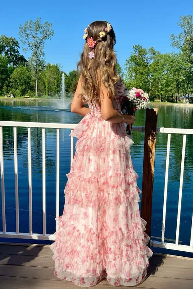 Floral Corset A-line Tulle Ruffle Prom Dress