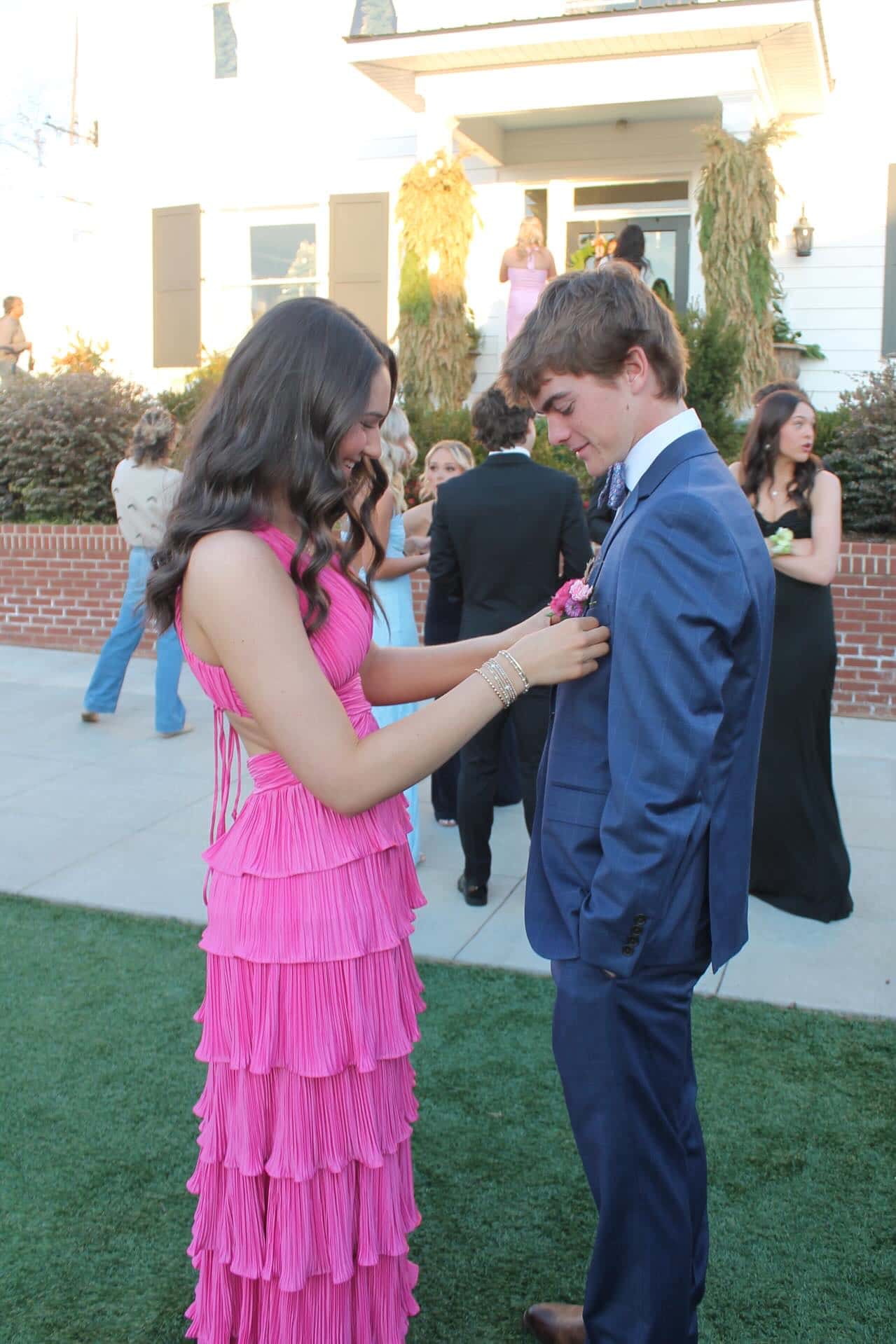 Hot Pink Pleated Tiered Long Prom Dress