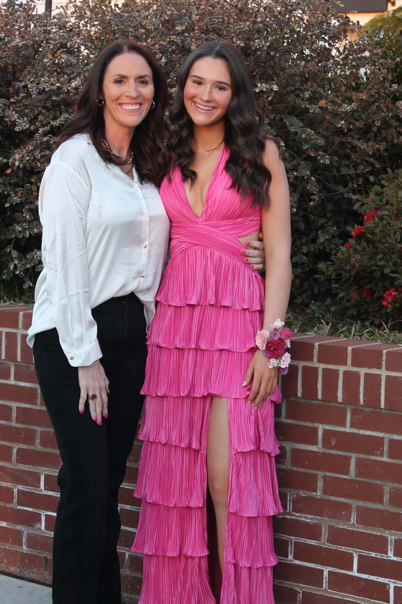 Hot Pink Pleated Tiered Long Prom Dress