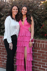 Hot Pink Pleated Tiered Long Prom Dress