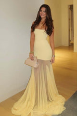 Strapless Yellow Mesh Sheer Long Maxi Dress