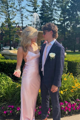 Straps Pink Satin Fitted Long Party Dress