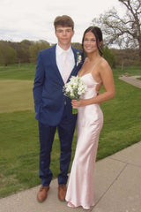 Straps Pink Satin Fitted Long Party Dress