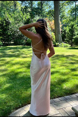 Straps Pink Satin Fitted Long Party Dress