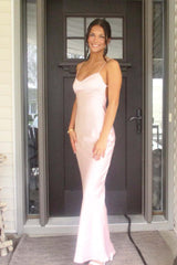 Straps Pink Satin Fitted Long Party Dress