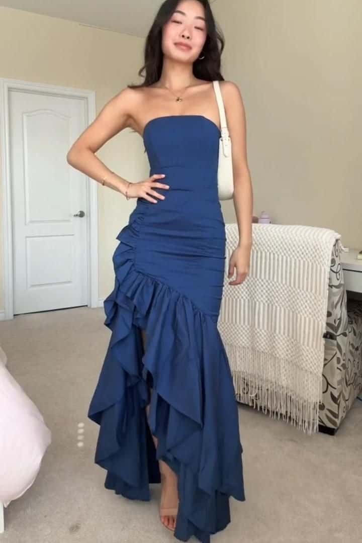 Strapless Burgundy Mermaid Ruffle Slit Long Dress