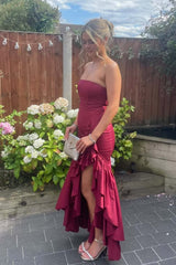 Strapless Burgundy Mermaid Ruffle Slit Long Dress