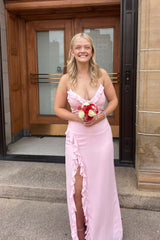 Pink Straps Ruffle Long Prom Dress