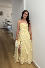 Strapless Yellow Ruffle A-line Formal Dress