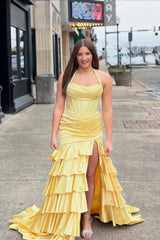 Yellow Halter Beaded Mermaid Ruffle Prom Dress