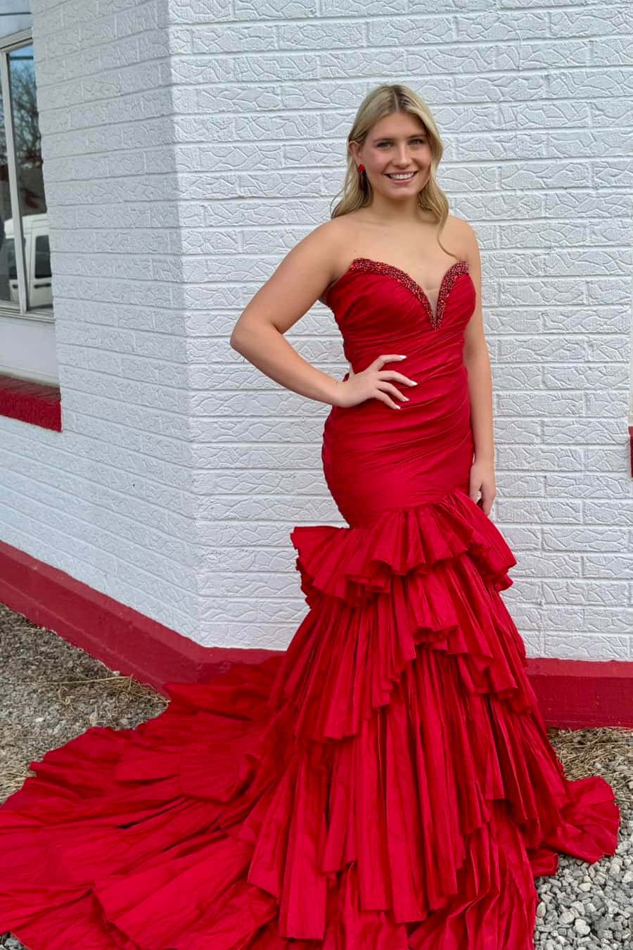 Red Taffeta Mermaid Ruffle Long Prom Gown