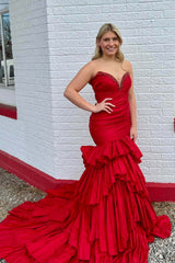 Red Taffeta Mermaid Ruffle Long Prom Gown