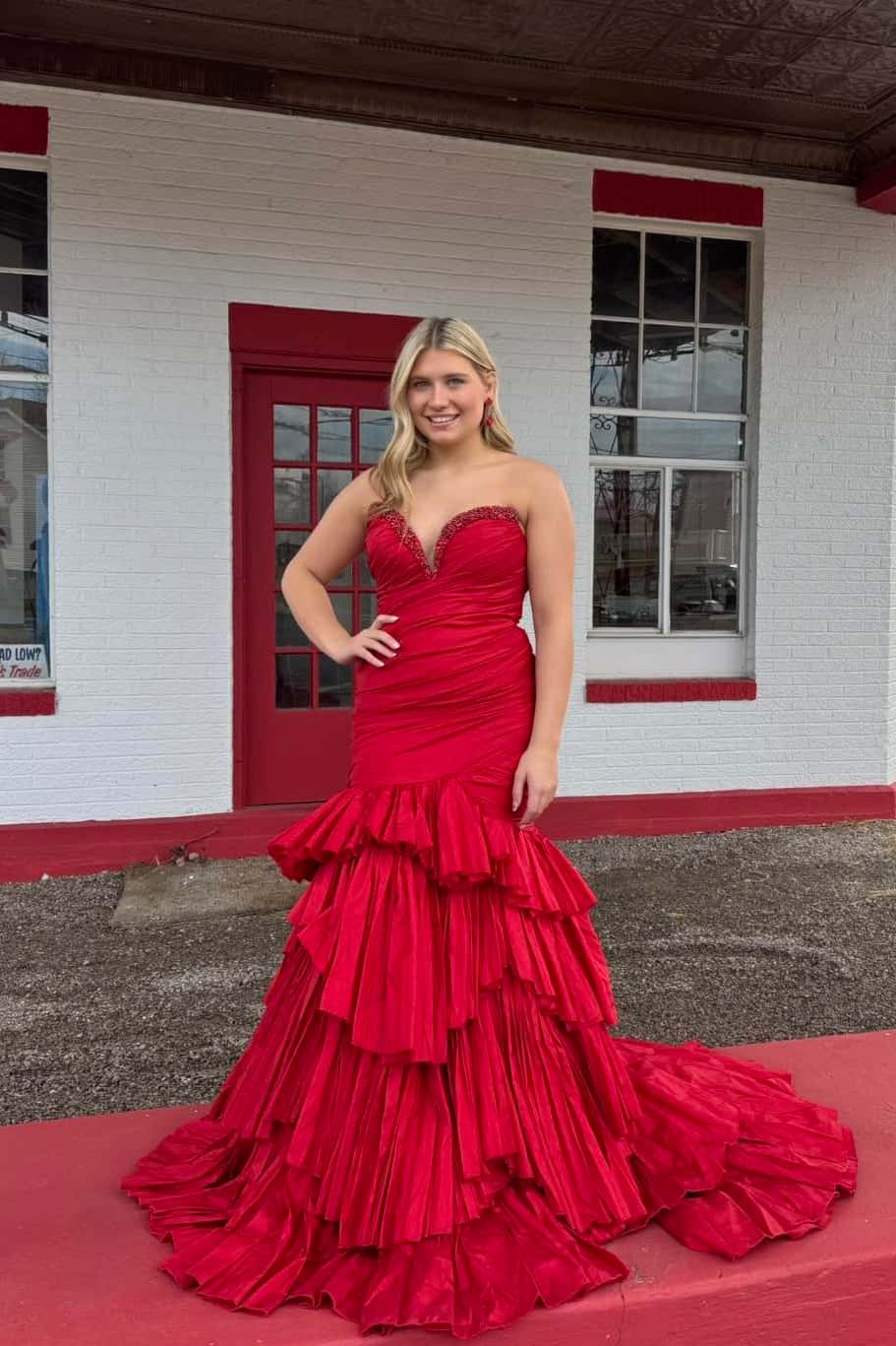 Red Taffeta Mermaid Ruffle Long Prom Gown