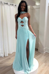 Light Blue Keyholes Pleated A-line Prom Dress
