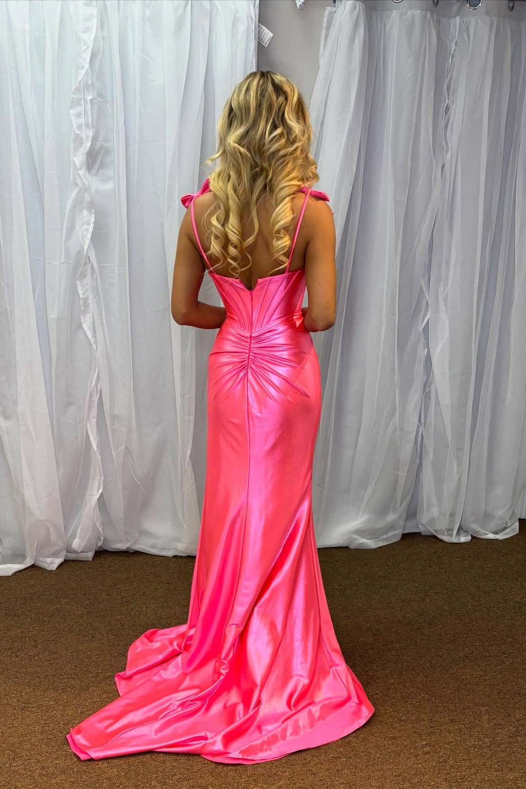 Hot Pink Satin Ruched Mermaid Prom Dress