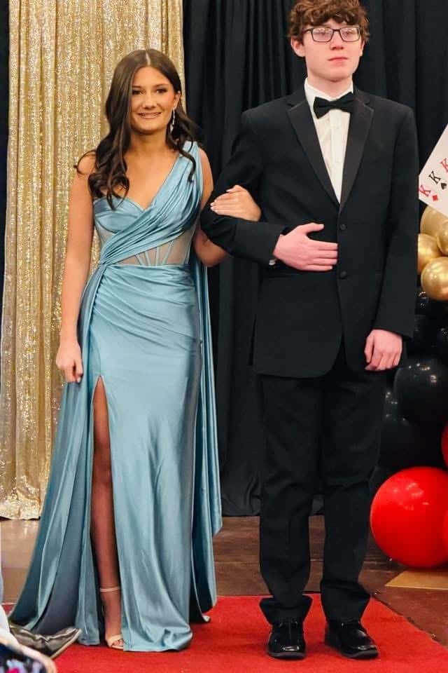 Blue One-shoulder Satin Long Dress with Train