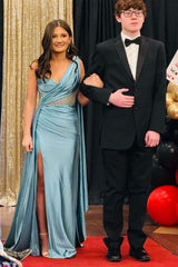 Blue One-shoulder Satin Long Dress with Train