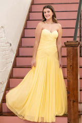 Yellow Ruched Chiffon Fitted Prom Dress