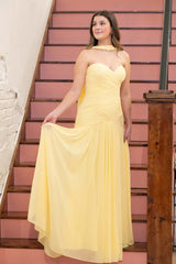Yellow Ruched Chiffon Fitted Prom Dress