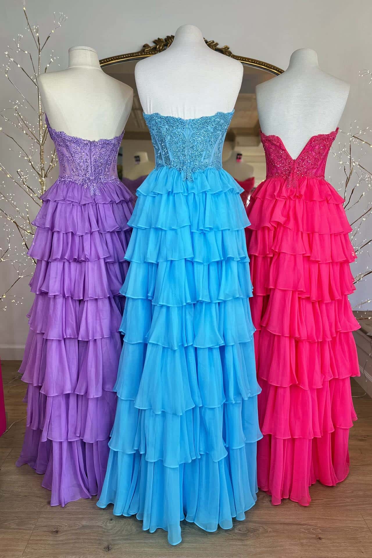 Strapless Appliques Ruffle A-line Prom Dress