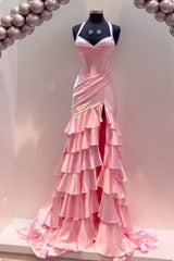 Navy Blue Halter Ruffle Fitted Prom Dress