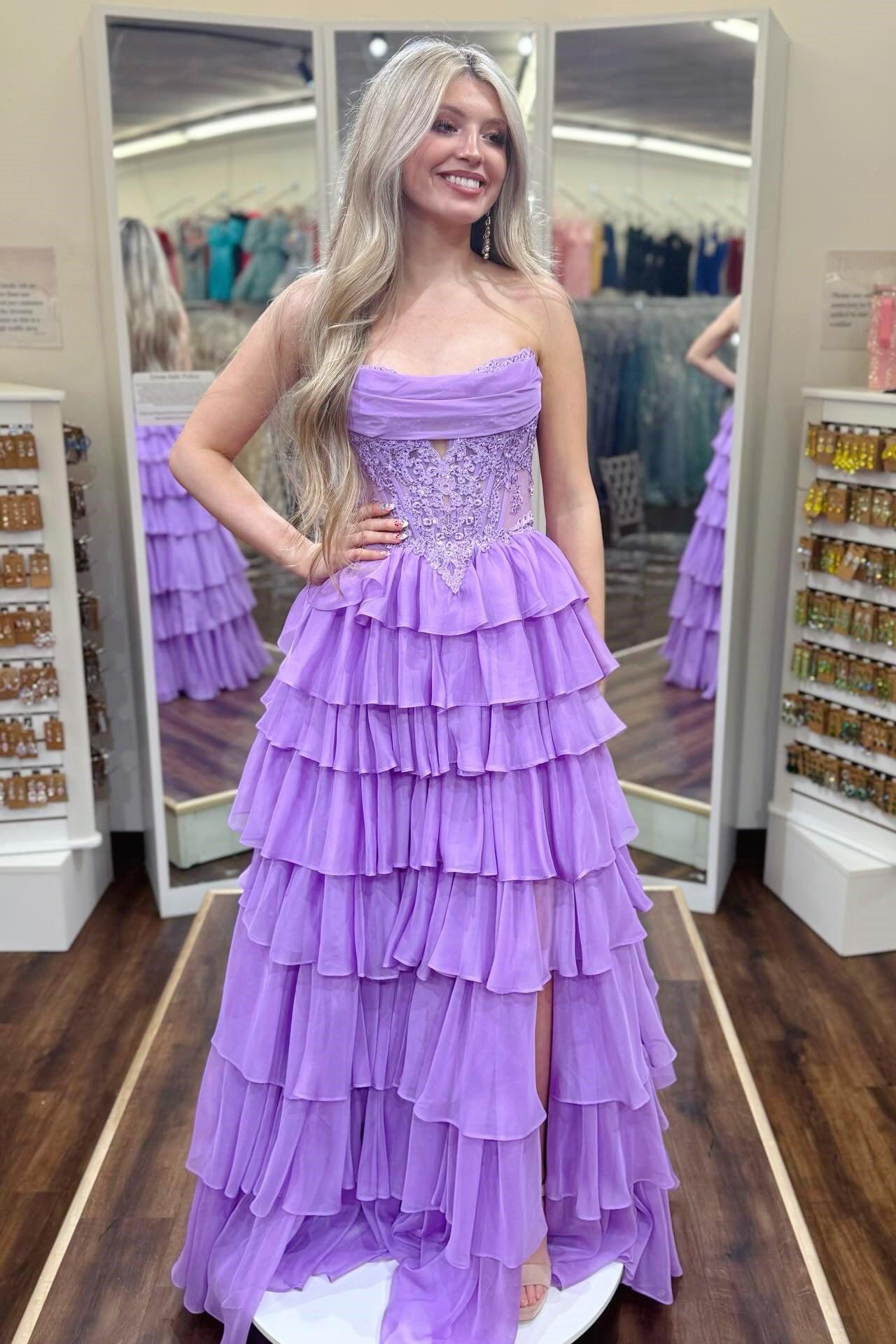 Strapless Appliques Ruffle A-line Prom Dress