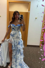 Off the Shoulder Blue Floral Mermaid Ruffle Prom Dress