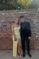 One Shoulder Yellow Twist Fitted Prom Dress