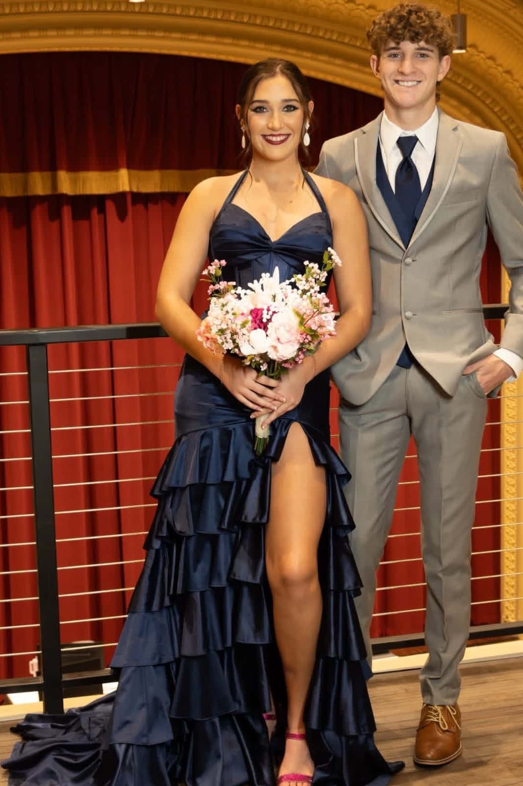 Navy Blue Halter Ruffle Fitted Prom Dress