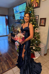 Navy Blue Halter Ruffle Fitted Prom Dress