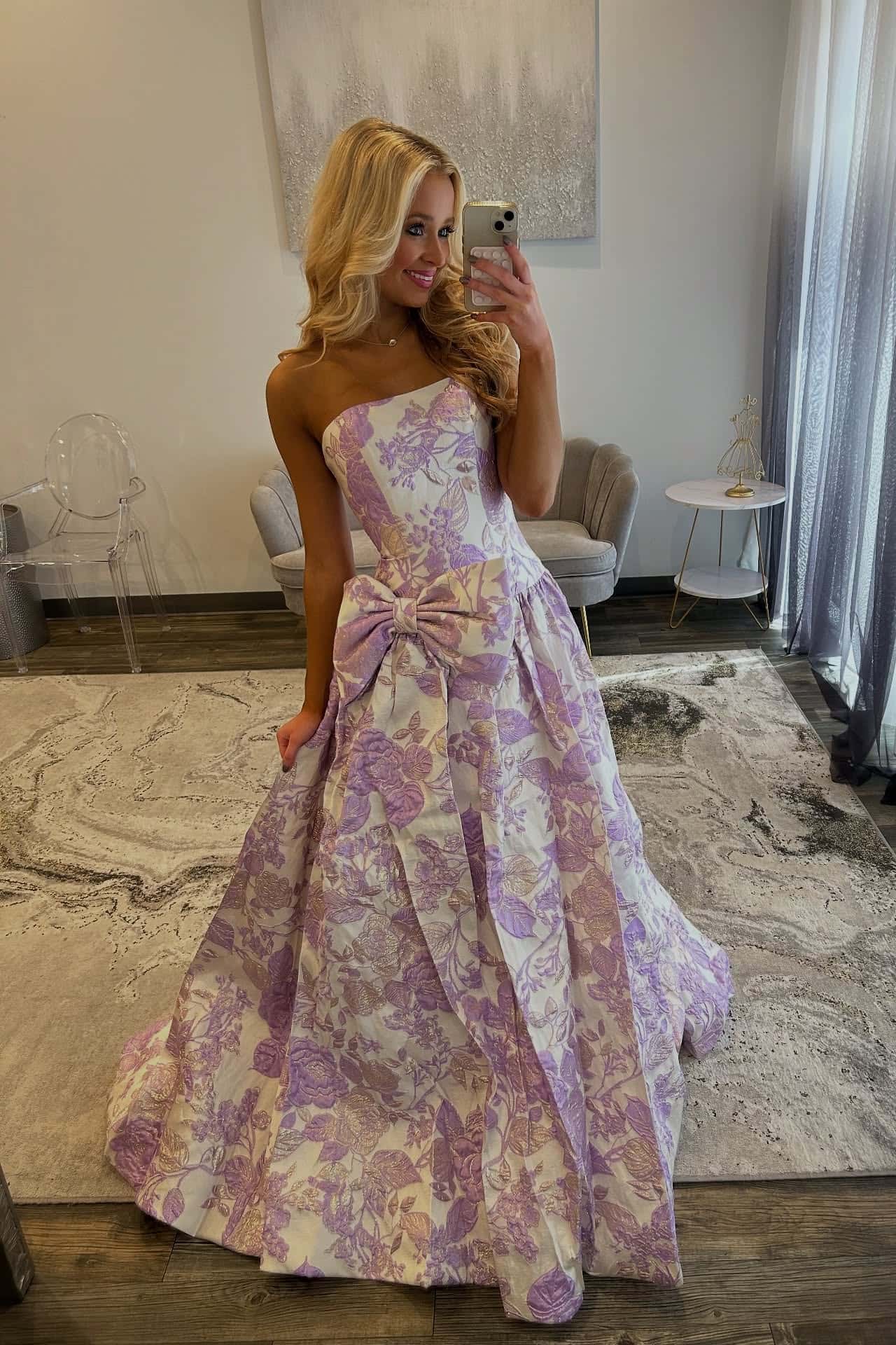 Lavender Strapless Jacquard Bow Prom Dress