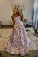 Lavender Strapless Jacquard Bow Prom Dress