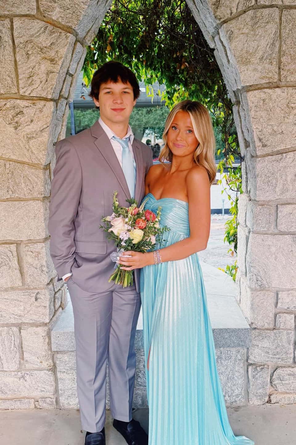 Blue Metallic Twist Pleated Long Prom Dress