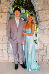 Blue Metallic Twist Pleated Long Prom Dress