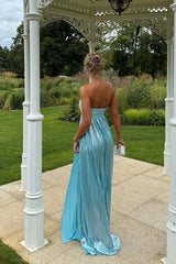 Blue Metallic Twist Pleated Long Prom Dress