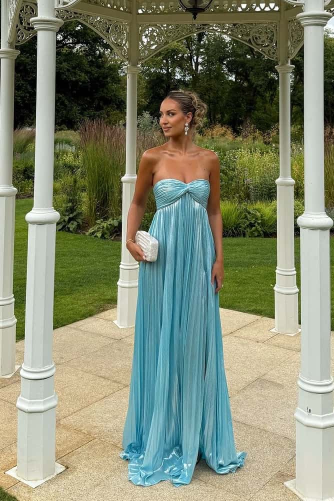 Blue Metallic Twist Pleated Long Prom Dress