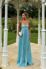 Blue Metallic Twist Pleated Long Prom Dress