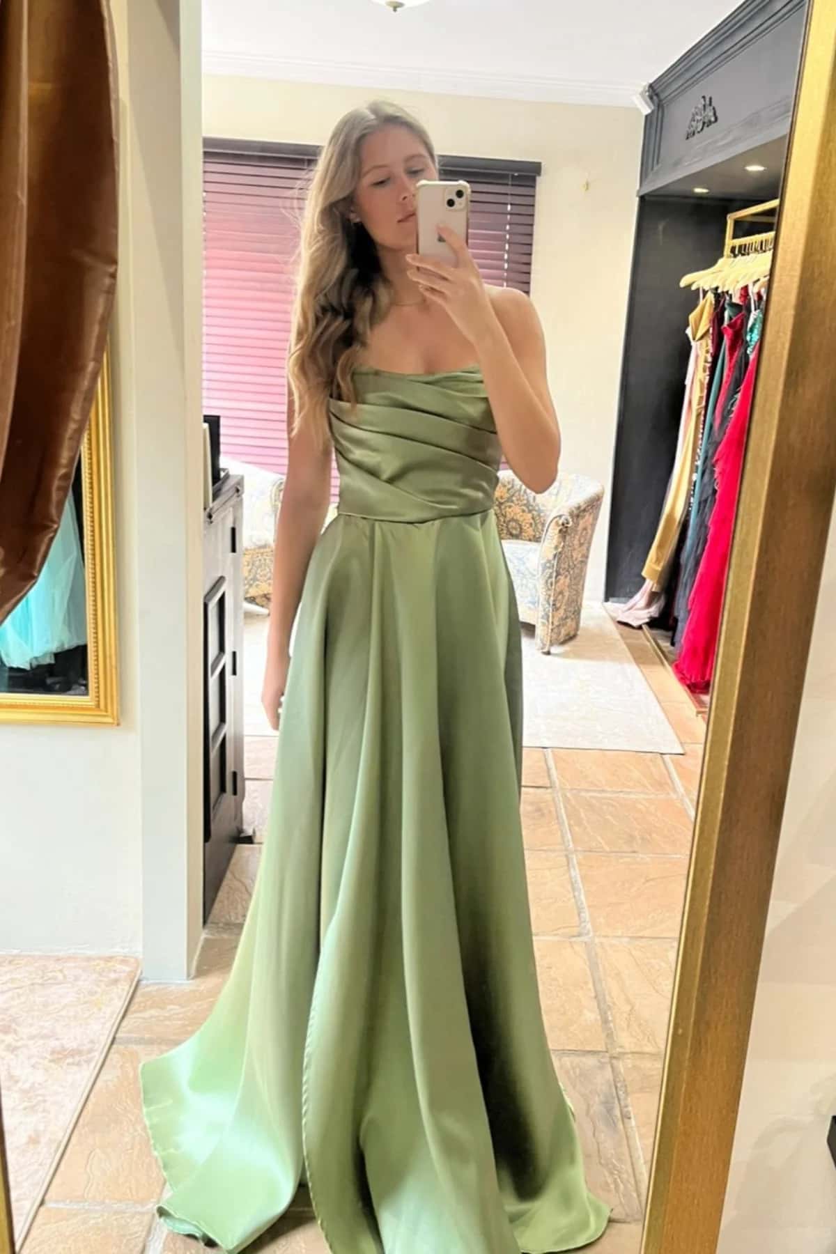 Sage Green Ruched Satin A-line Prom Gown