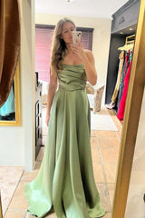 Sage Green Ruched Satin A-line Prom Gown