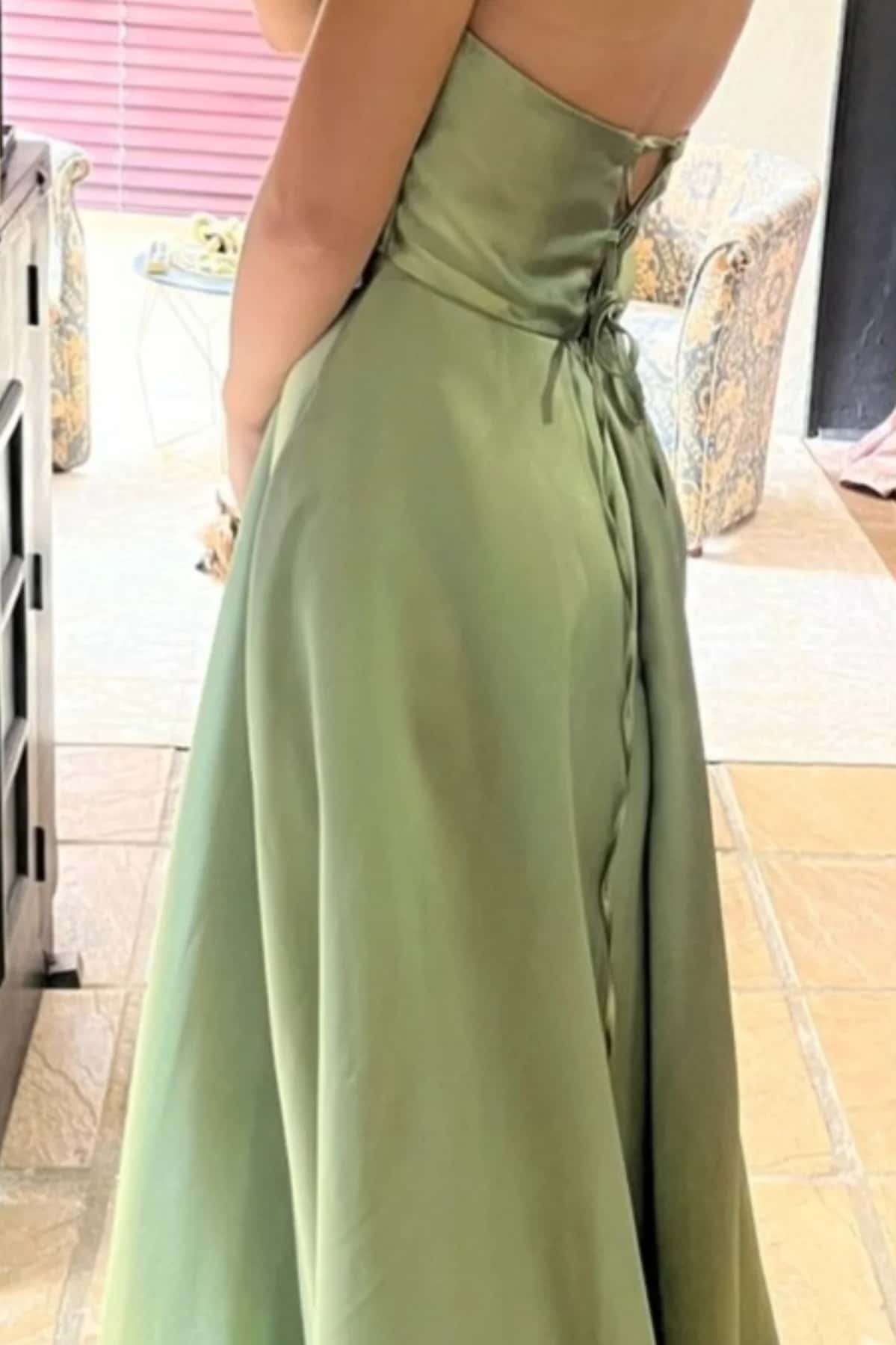 Sage Green Ruched Satin A-line Prom Gown