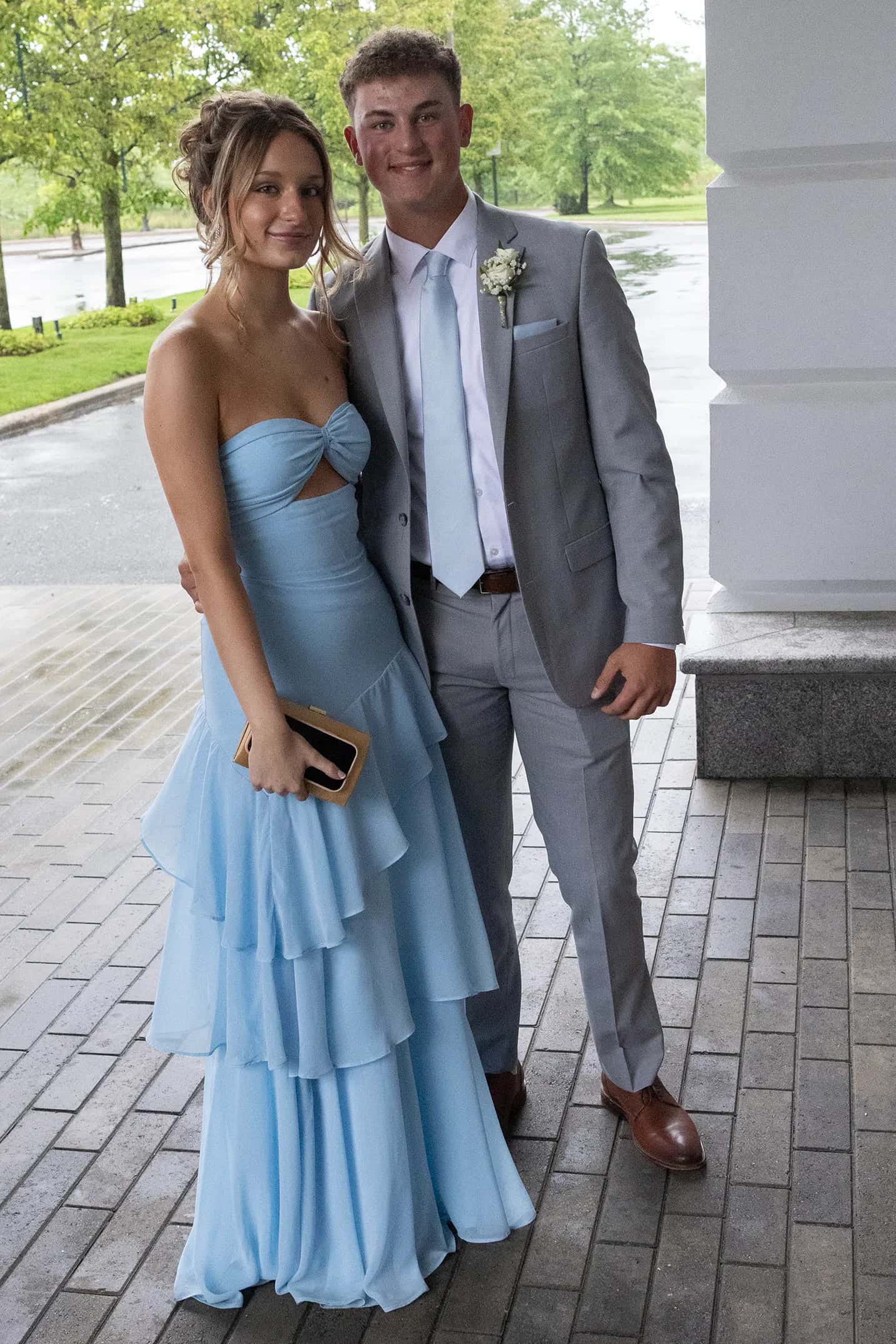Blue Ruched Chiffon Tiered Long Maxi Dress