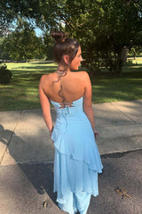 Blue Ruched Chiffon Tiered Long Maxi Dress