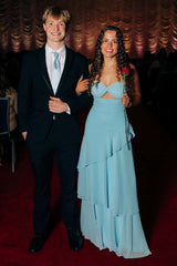 Blue Ruched Chiffon Tiered Long Maxi Dress