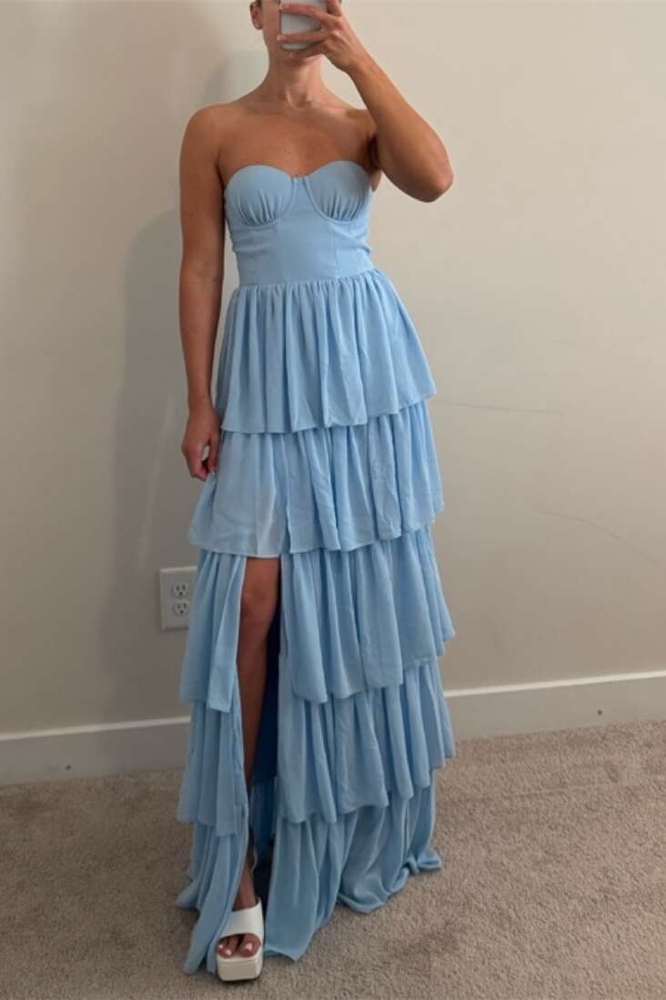 Bustier Blue Chiffon Tiered Slit Maxi Dress