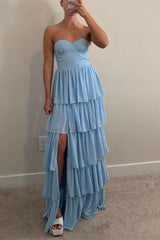 Bustier Blue Chiffon Tiered Slit Maxi Dress