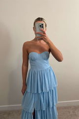 Bustier Blue Chiffon Tiered Slit Maxi Dress