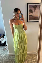 Bustier Blue Chiffon Tiered Slit Maxi Dress